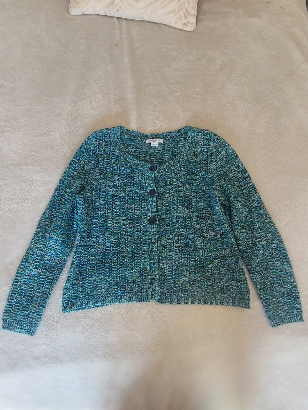 Liz Claiborne Blue Teal Marled Button-Up Cardigan Size L Petite Coastal